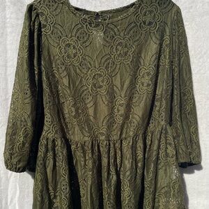 BloomChic Plus Size 14-16 Blouse | Crew Neck Lace Lantern Sleeve Top